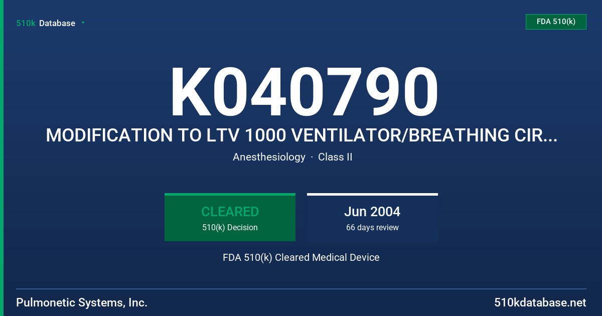 K040790 MODIFICATION TO LTV 1000 VENTILATOR/BREATHING CIRCUITS FDA 510(k) Cleared Medical Device
