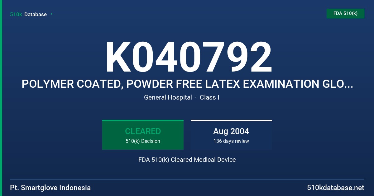 K040792 POLYMER COATED, POWDER FREE LATEX EXAMINATION GLOVE (WHITE) FDA 510(k) Cleared Medical Device