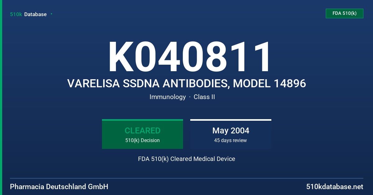 K040811 VARELISA SSDNA ANTIBODIES, MODEL 14896 FDA 510(k) Cleared Medical Device