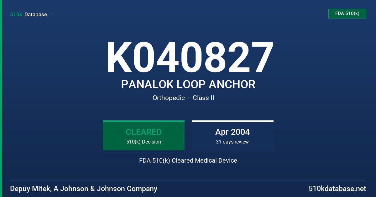 K040827 PANALOK LOOP ANCHOR FDA 510(k) Cleared Medical Device