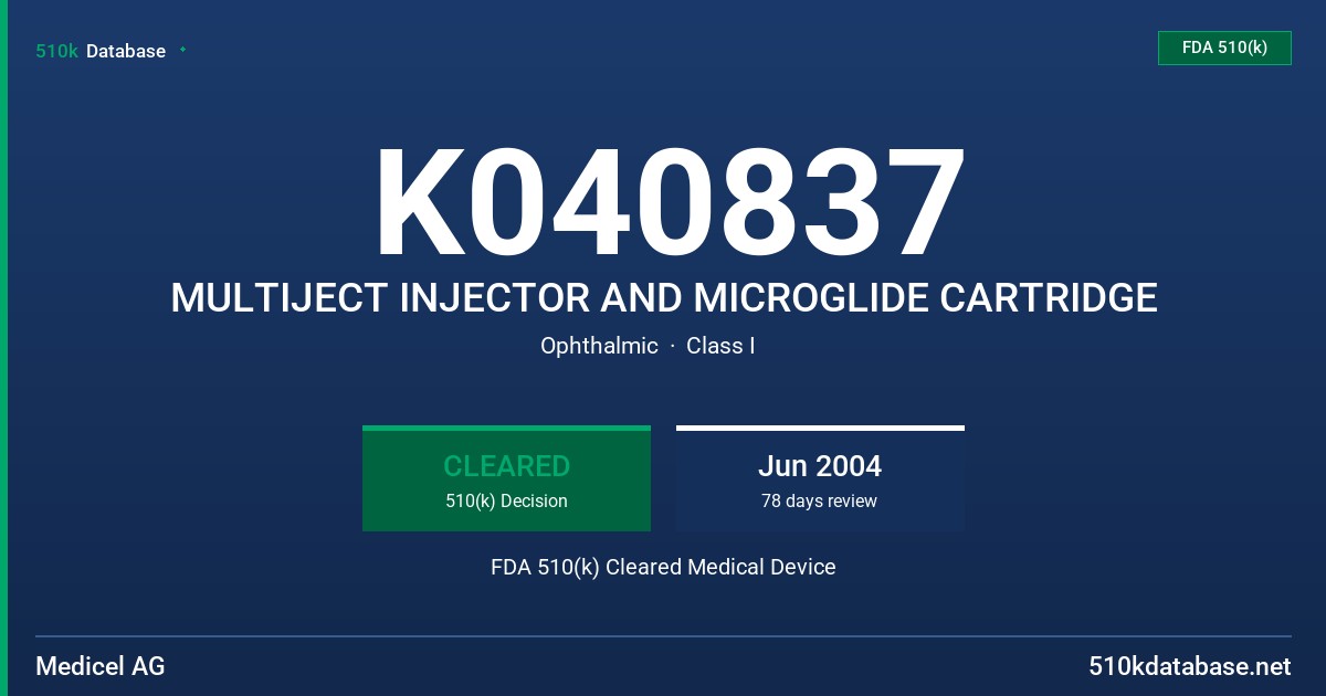 K040837 MULTIJECT INJECTOR AND MICROGLIDE CARTRIDGE FDA 510(k) Cleared Medical Device