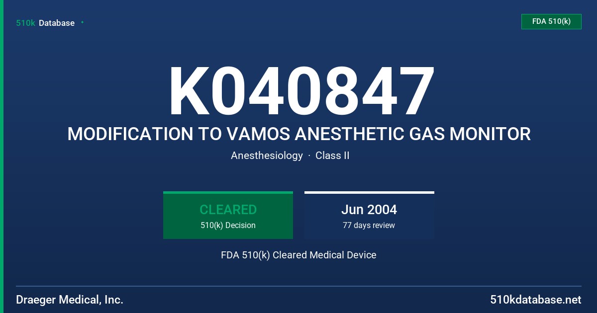 K040847 MODIFICATION TO VAMOS ANESTHETIC GAS MONITOR FDA 510(k) Cleared Medical Device