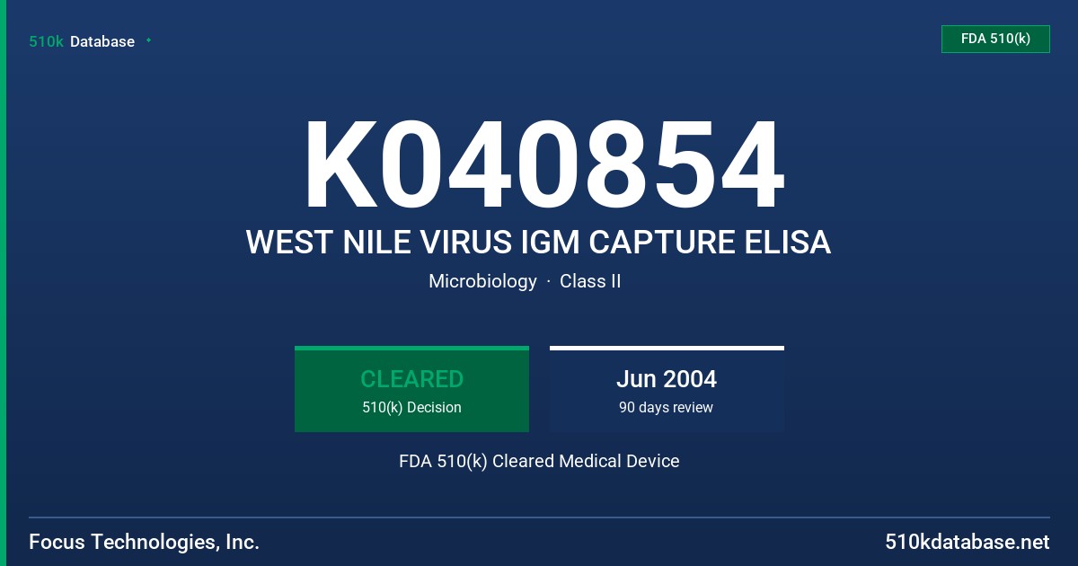 K040854 WEST NILE VIRUS IGM CAPTURE ELISA FDA 510(k) Cleared Medical Device