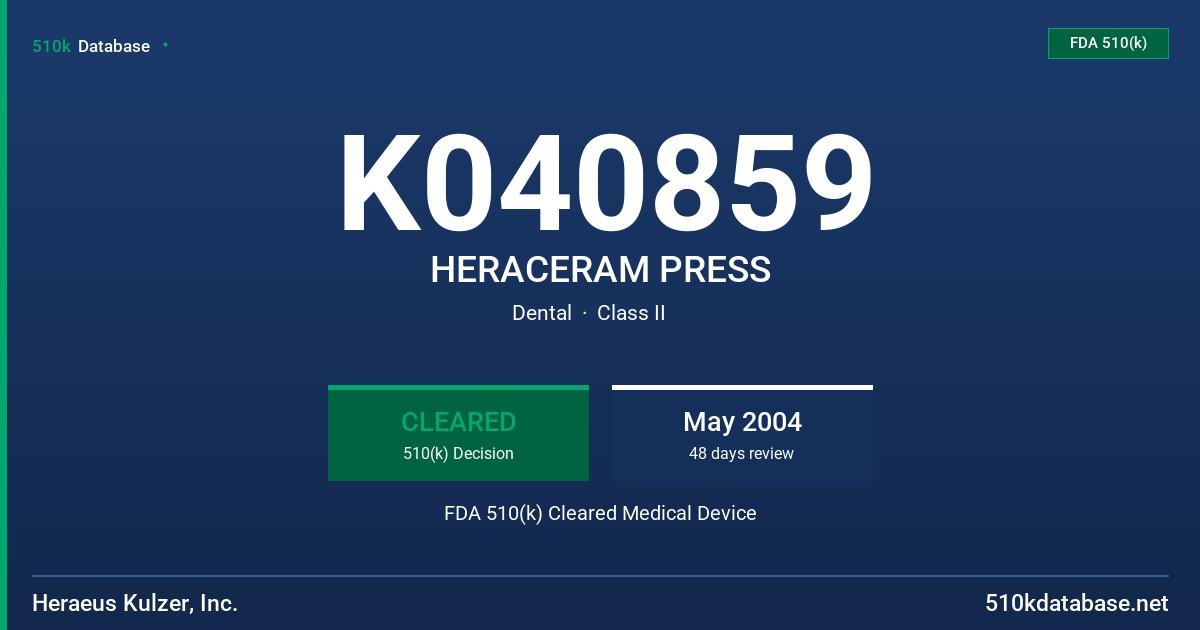 K040859 HERACERAM PRESS FDA 510(k) Cleared Medical Device