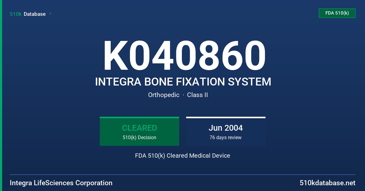 K040860 INTEGRA BONE FIXATION SYSTEM FDA 510(k) Cleared Medical Device