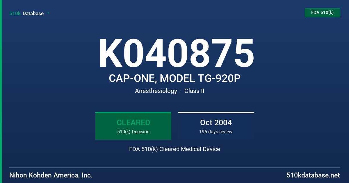 K040875 CAP-ONE, MODEL TG-920P FDA 510(k) Cleared Medical Device