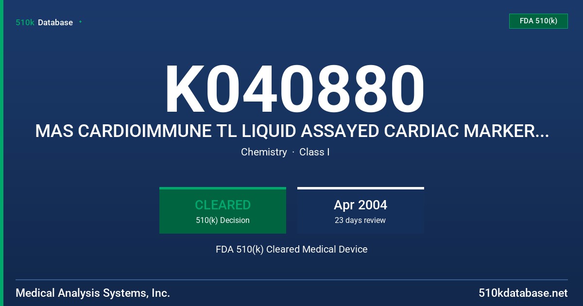 K040880 MAS CARDIOIMMUNE TL LIQUID ASSAYED CARDIAC MARKER CONTROL, LEVELS 1,2 AND 3 FDA 510(k) Cleared Medical Device