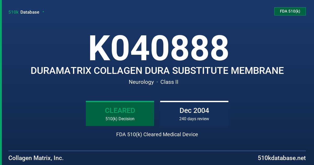 K040888 DURAMATRIX COLLAGEN DURA SUBSTITUTE MEMBRANE FDA 510(k) Cleared Medical Device