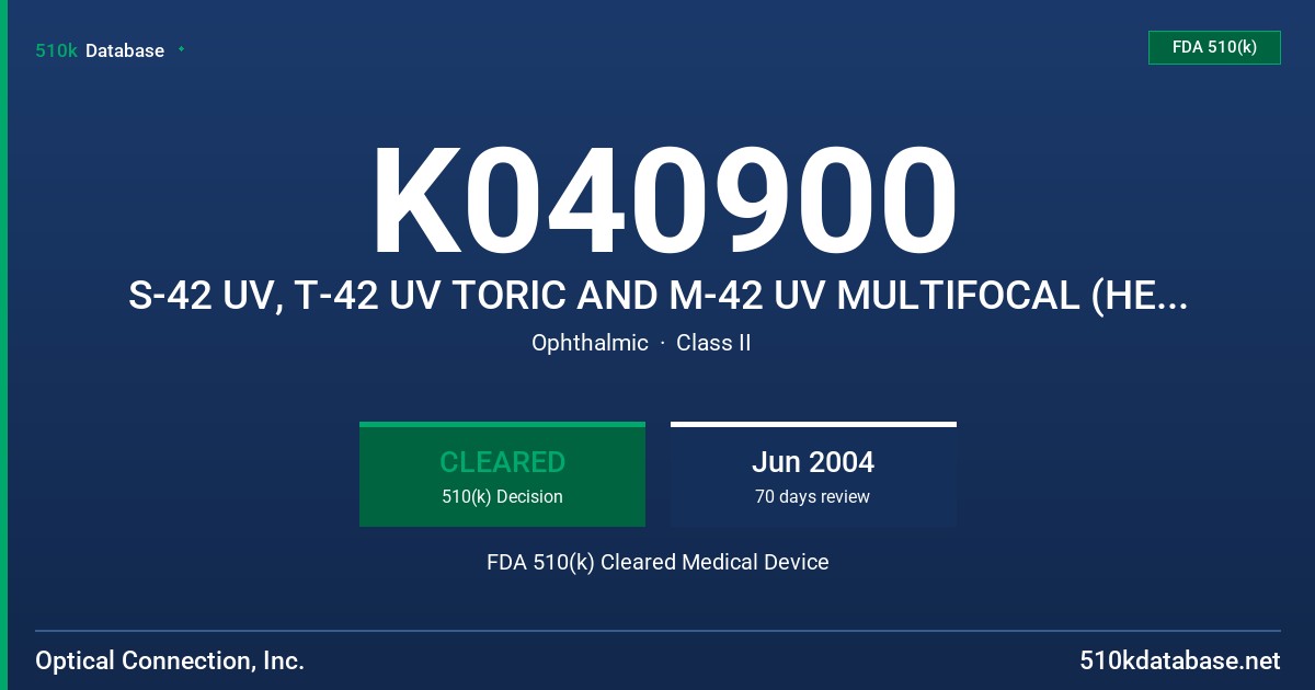 K040900 S-42 UV, T-42 UV TORIC AND M-42 UV MULTIFOCAL (HEFILCON A) SOFT (HYDROPHILIC) CONTACT LENS FOR DAILY WEAR FDA 510(k) Cleared Medical Device