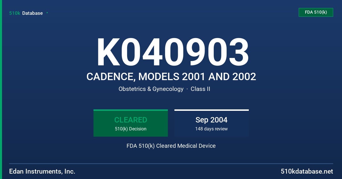 K040903 CADENCE, MODELS 2001 AND 2002 FDA 510(k) Cleared Medical Device