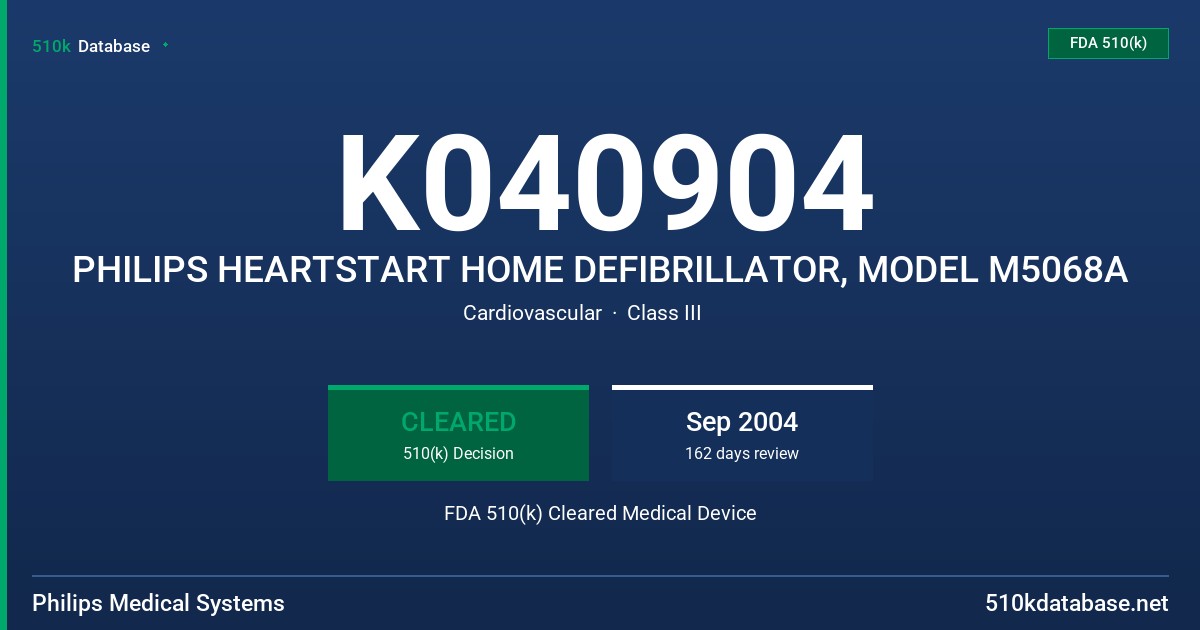 K040904 PHILIPS HEARTSTART HOME DEFIBRILLATOR, MODEL M5068A FDA 510(k) Cleared Medical Device