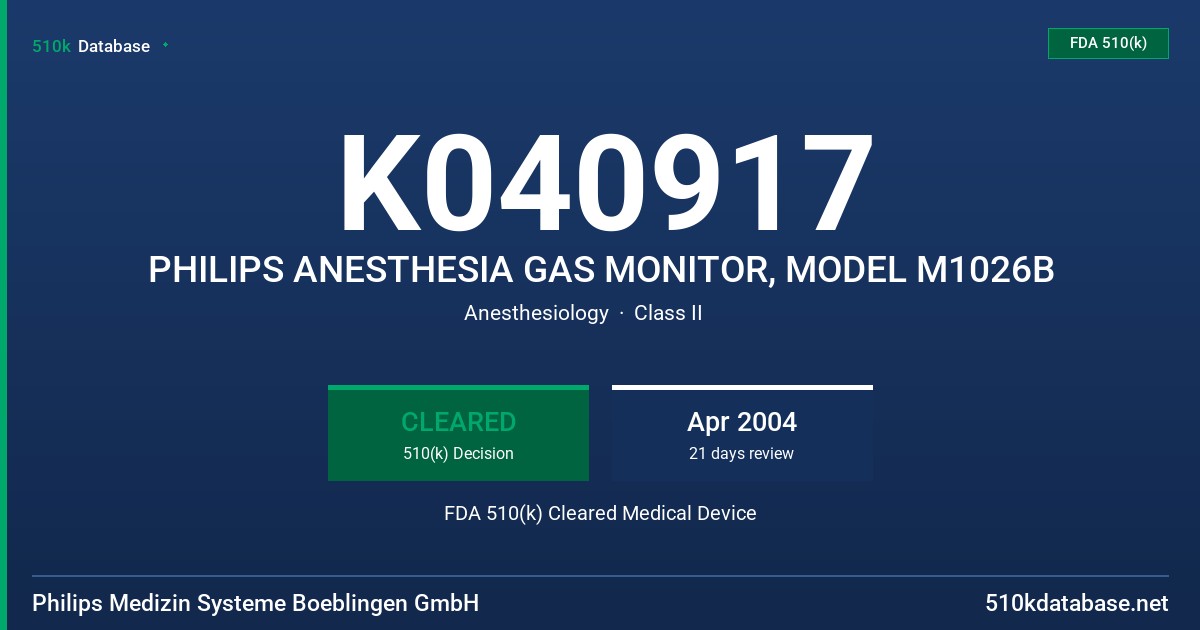 K040917 PHILIPS ANESTHESIA GAS MONITOR, MODEL M1026B FDA 510(k) Cleared Medical Device