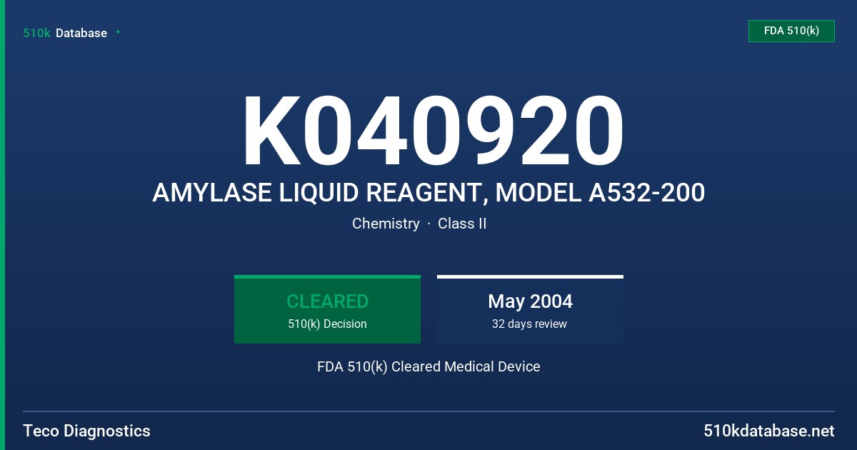 K040920 AMYLASE LIQUID REAGENT, MODEL A532-200 FDA 510(k) Cleared Medical Device