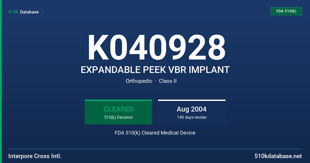 K040928 EXPANDABLE PEEK VBR IMPLANT FDA 510(k) Cleared Medical Device