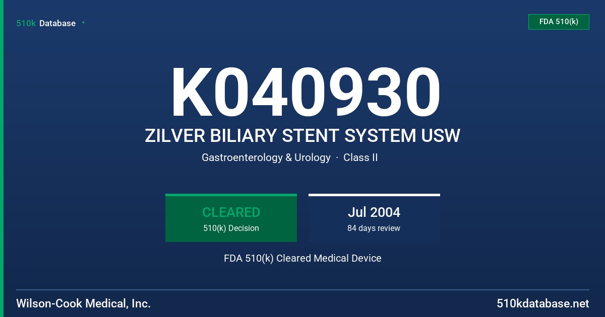 K040930 ZILVER BILIARY STENT SYSTEM USW FDA 510(k) Cleared Medical Device