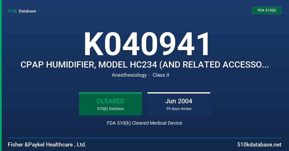 K040941 CPAP HUMIDIFIER, MODEL HC234 (AND RELATED ACCESSORIES) FDA 510(k) Cleared Medical Device