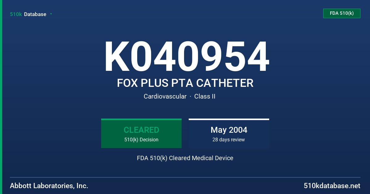 K040954 FOX PLUS PTA CATHETER FDA 510(k) Cleared Medical Device