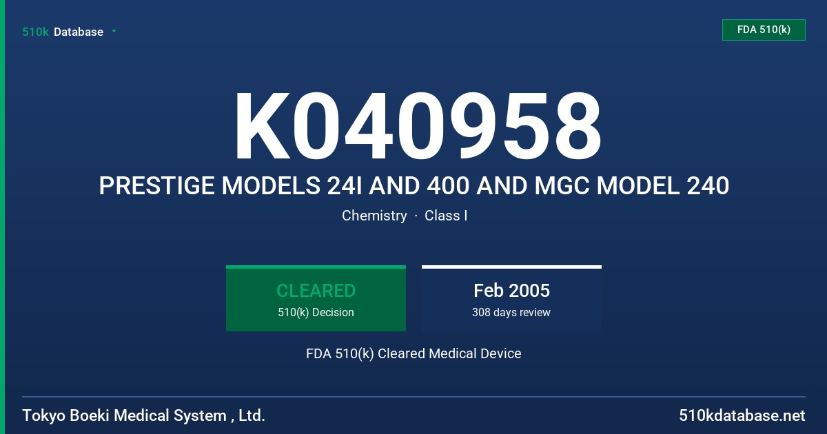K040958 PRESTIGE MODELS 24I AND 400 AND MGC MODEL 240 FDA 510(k) Cleared Medical Device
