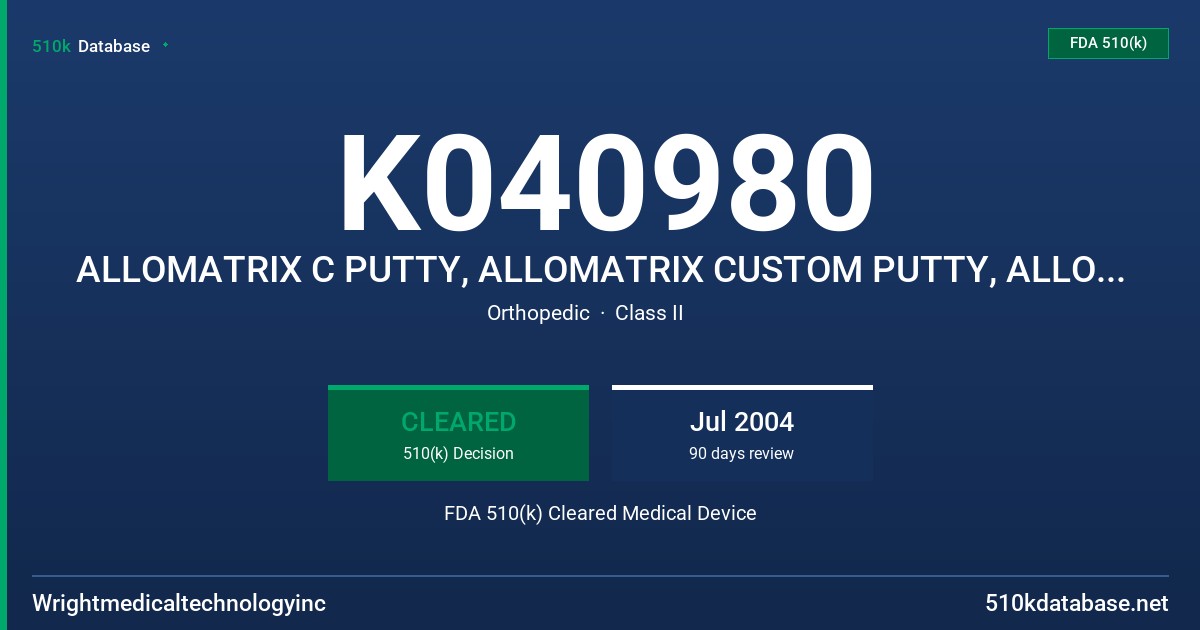 K040980 ALLOMATRIX C PUTTY, ALLOMATRIX CUSTOM PUTTY, ALLOMATRIX DR PUTTY, IGNITE SCAFFOLD, MODELS 860C, 86XC, 86DR, 860D, 860T FDA 510(k) Cleared Medical Device