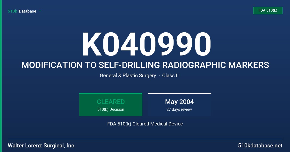 K040990 MODIFICATION TO SELF-DRILLING RADIOGRAPHIC MARKERS FDA 510(k) Cleared Medical Device