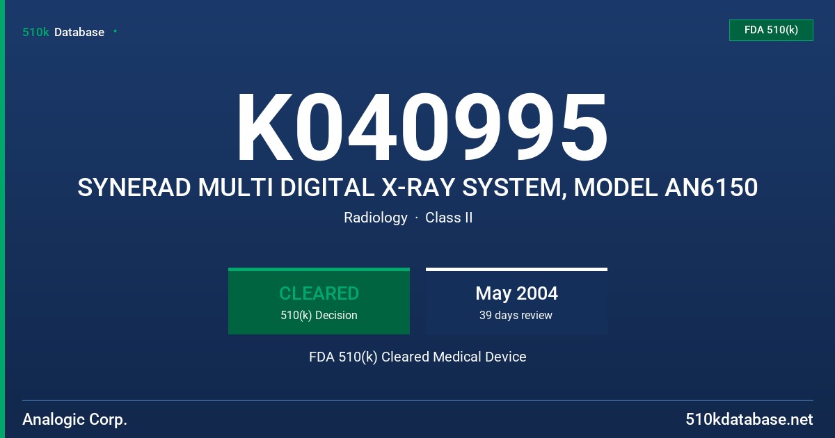 K040995 SYNERAD MULTI DIGITAL X-RAY SYSTEM, MODEL AN6150 FDA 510(k) Cleared Medical Device