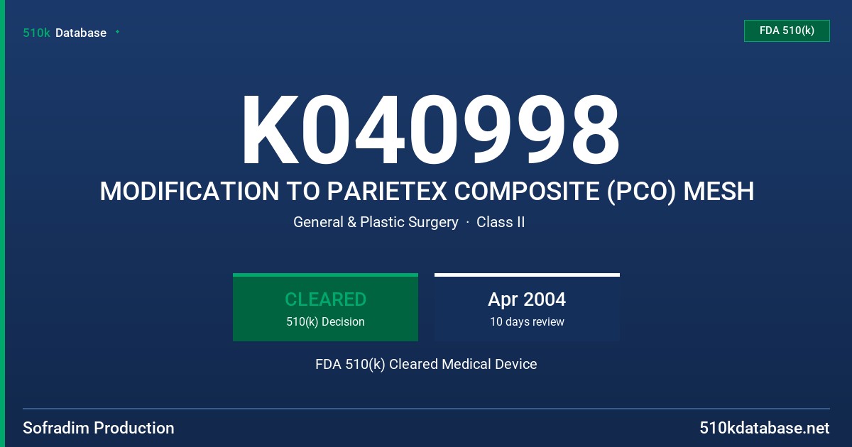 K040998 MODIFICATION TO PARIETEX COMPOSITE (PCO) MESH FDA 510(k) Cleared Medical Device