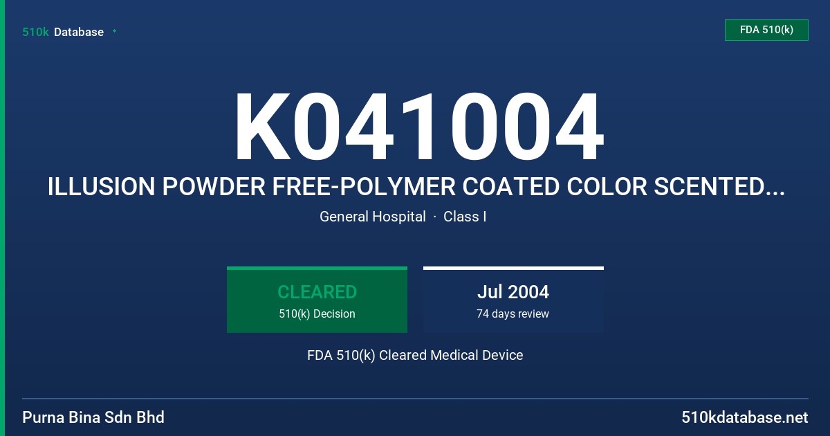 K041004 ILLUSION POWDER FREE-POLYMER COATED COLOR SCENTED NR LATEX EXAMINATION GLOVES (BLUE) FDA 510(k) Cleared Medical Device