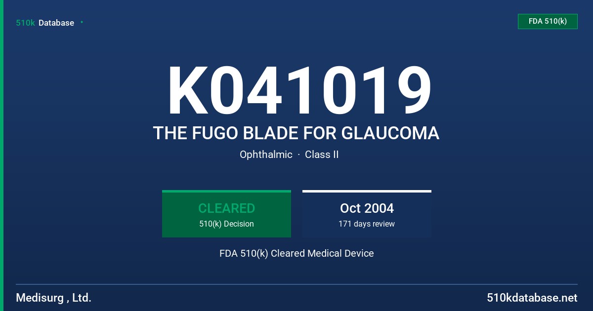 K041019 THE FUGO BLADE FOR GLAUCOMA FDA 510(k) Cleared Medical Device