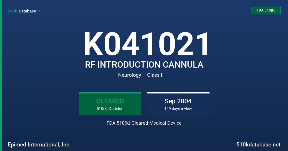 K041021 RF INTRODUCTION CANNULA FDA 510(k) Cleared Medical Device