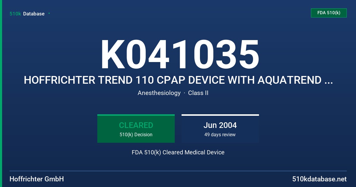K041035 HOFFRICHTER TREND 110 CPAP DEVICE WITH AQUATREND III CPAP HUMIDIFIER ACCESSORY FOR TREND FDA 510(k) Cleared Medical Device
