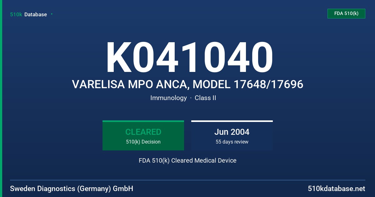 K041040 VARELISA MPO ANCA, MODEL 17648/17696 FDA 510(k) Cleared Medical Device