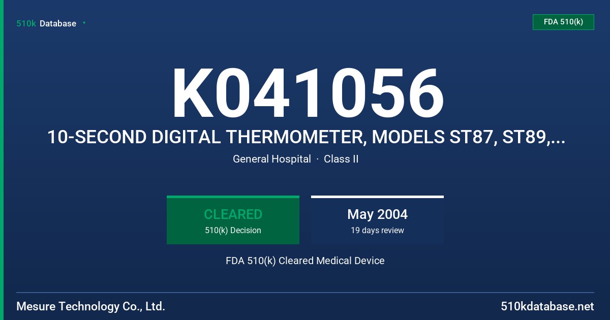 K041056 10-SECOND DIGITAL THERMOMETER, MODELS ST87, ST89, ST80, ST88 FDA 510(k) Cleared Medical Device