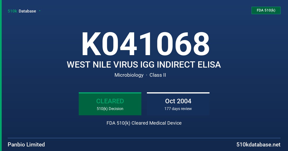 K041068 WEST NILE VIRUS IGG INDIRECT ELISA FDA 510(k) Cleared Medical Device