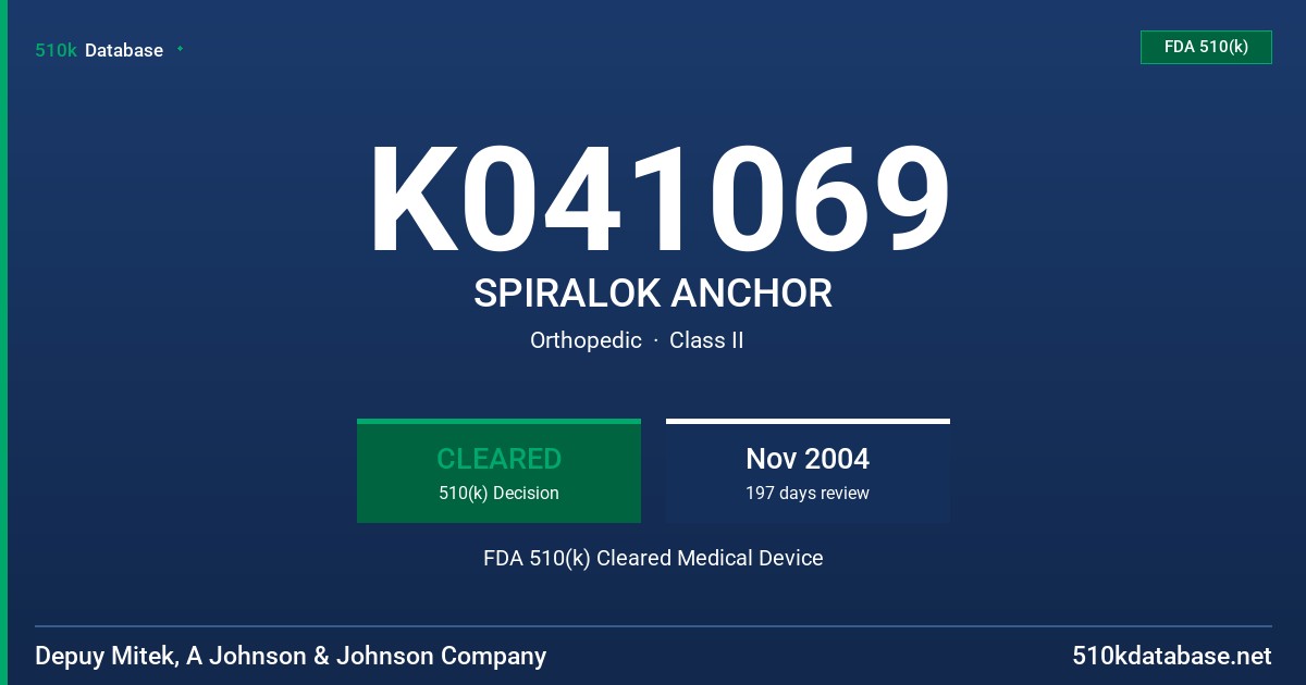 K041069 SPIRALOK ANCHOR FDA 510(k) Cleared Medical Device