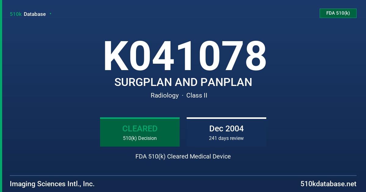 K041078 SURGPLAN AND PANPLAN FDA 510(k) Cleared Medical Device