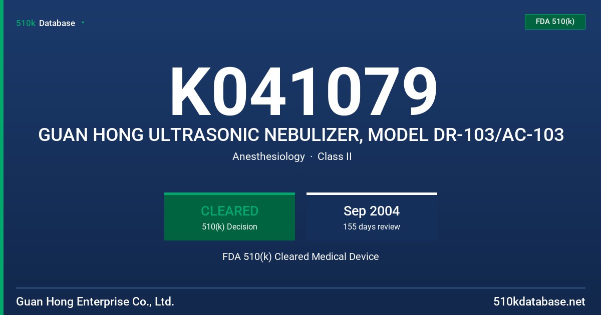 K041079 GUAN HONG ULTRASONIC NEBULIZER, MODEL DR-103/AC-103 FDA 510(k) Cleared Medical Device