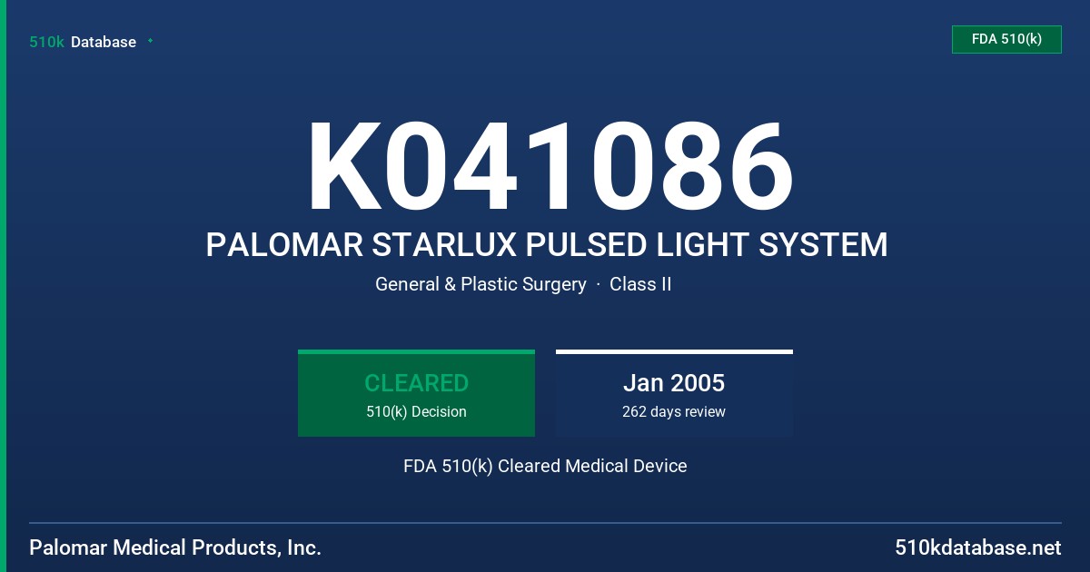K041086 PALOMAR STARLUX PULSED LIGHT SYSTEM FDA 510(k) Cleared Medical Device