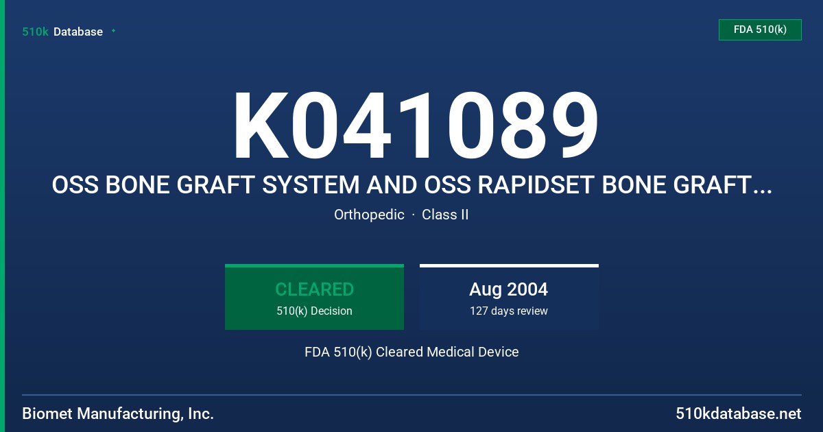 K041089 OSS BONE GRAFT SYSTEM AND OSS RAPIDSET BONE GRAFT SYSTEM FDA 510(k) Cleared Medical Device