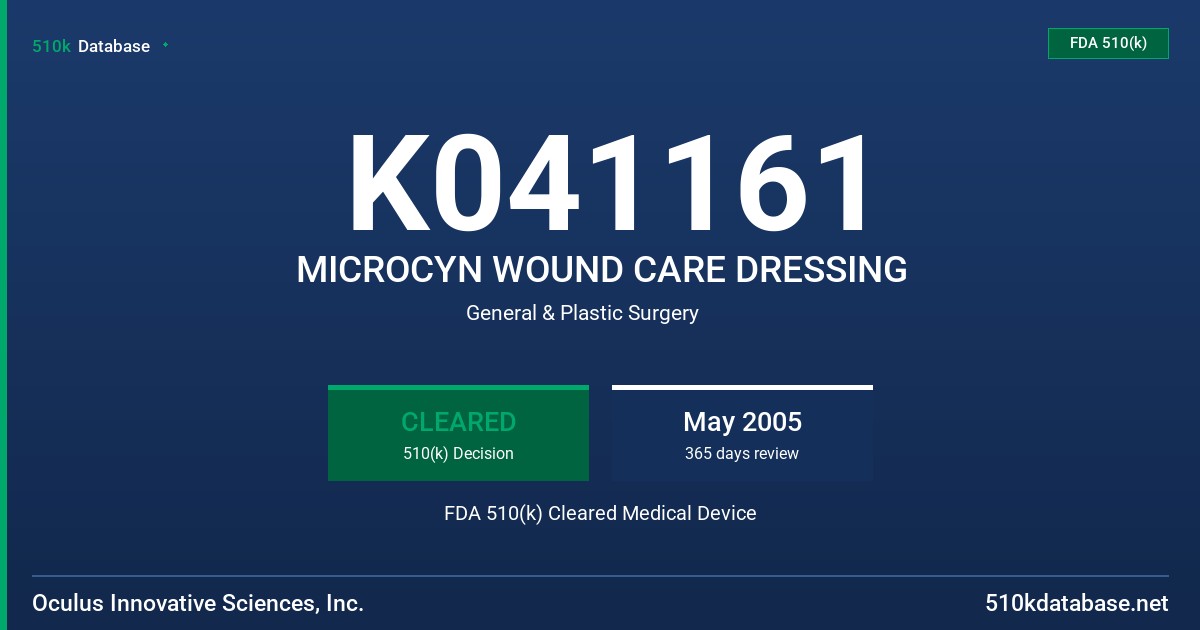 K041161 MICROCYN WOUND CARE DRESSING FDA 510(k) Cleared Medical Device