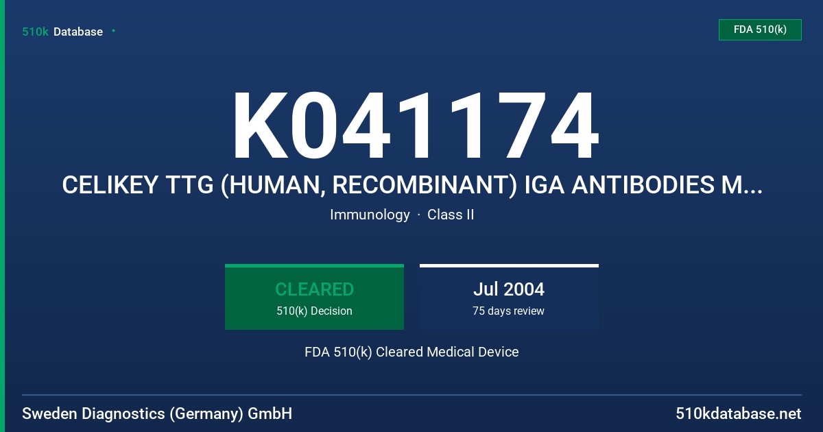 K041174 CELIKEY TTG (HUMAN, RECOMBINANT) IGA ANTIBODIES MODEL #18148/18196 FDA 510(k) Cleared Medical Device