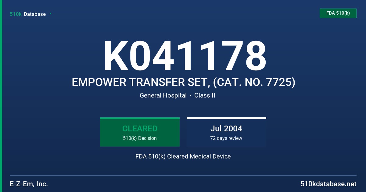 K041178 EMPOWER TRANSFER SET, (CAT. NO. 7725) FDA 510(k) Cleared Medical Device