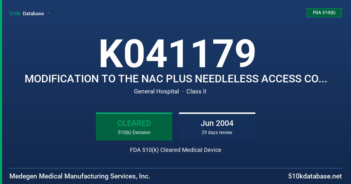 K041179 MODIFICATION TO THE NAC PLUS NEEDLELESS ACCESS CONNECTOR FDA 510(k) Cleared Medical Device