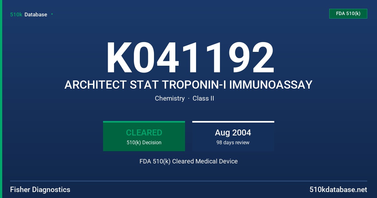 K041192 ARCHITECT STAT TROPONIN-I IMMUNOASSAY FDA 510(k) Cleared Medical Device