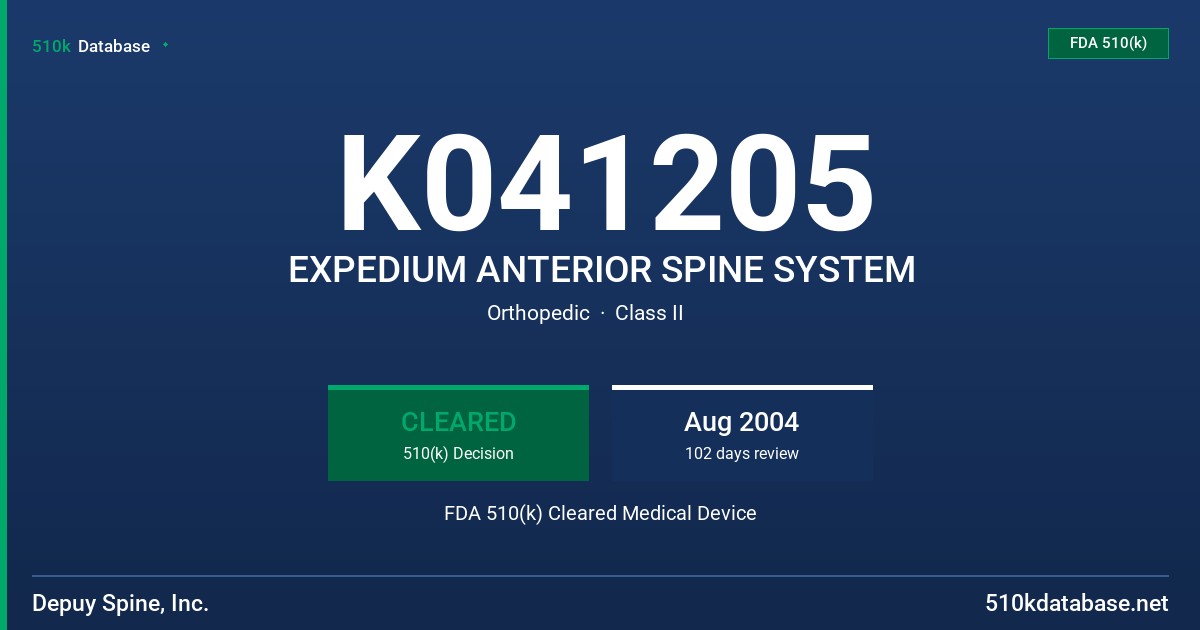 K041205 EXPEDIUM ANTERIOR SPINE SYSTEM FDA 510(k) Cleared Medical Device