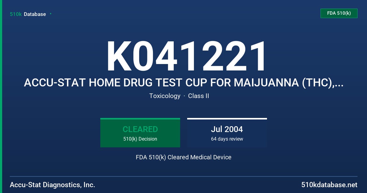 K041221 ACCU-STAT HOME DRUG TEST CUP FOR MAIJUANNA (THC), COCAINE (COC), AMPHETAMINE (AMP), METHAMPHETAMINE (MAMP), ECSTASY FDA 510(k) Cleared Medical Device