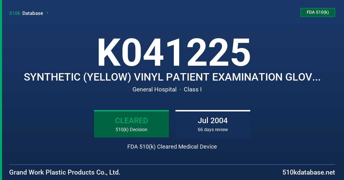 K041225 SYNTHETIC (YELLOW) VINYL PATIENT EXAMINATION GLOVES-POWERED FDA 510(k) Cleared Medical Device