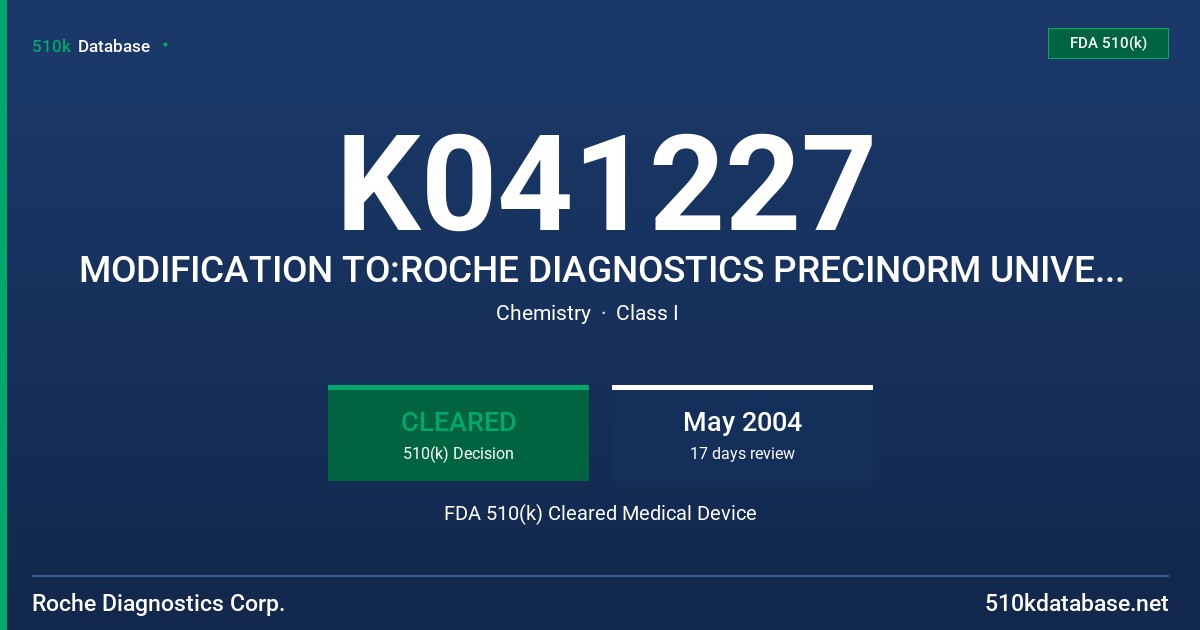 K041227 MODIFICATION TO:ROCHE DIAGNOSTICS PRECINORM UNIVERSAL AND PRECIPATH UNIVERSAL CONTROL SERA FDA 510(k) Cleared Medical Device