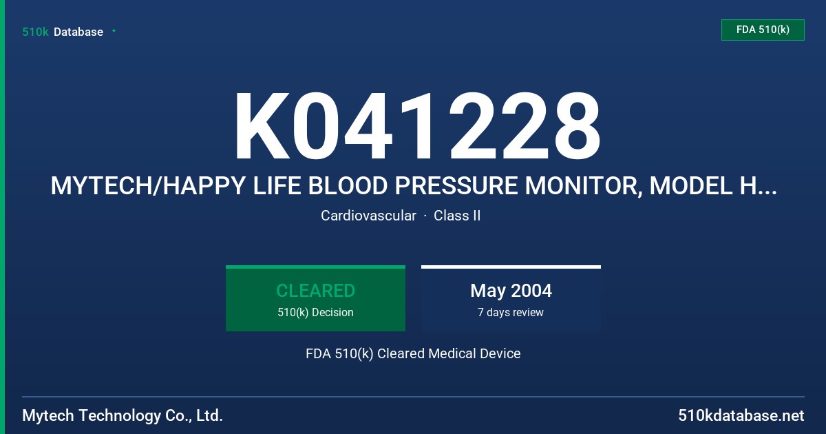 K041228 MYTECH/HAPPY LIFE BLOOD PRESSURE MONITOR, MODEL HPL-200 FDA 510(k) Cleared Medical Device