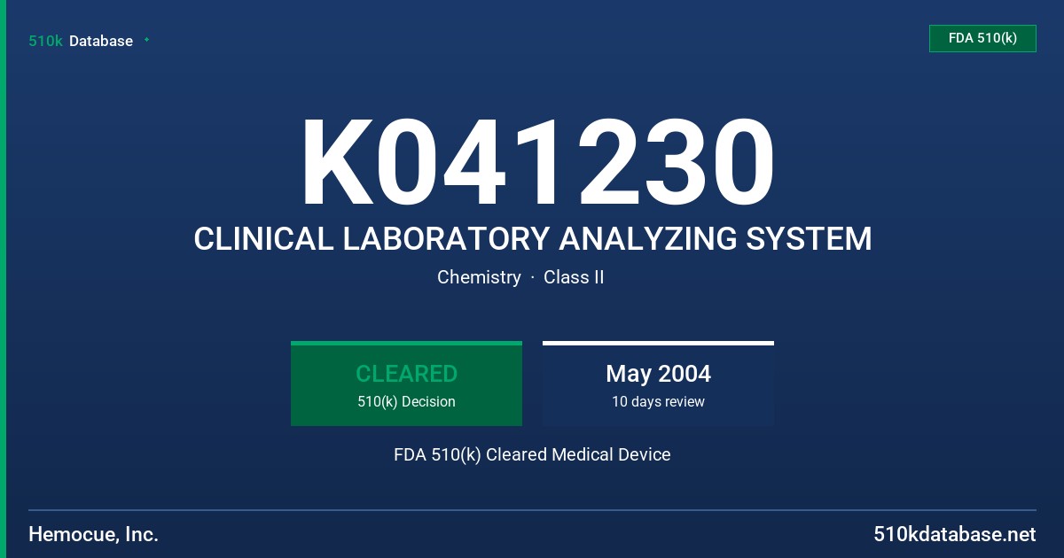 K041230 CLINICAL LABORATORY ANALYZING SYSTEM FDA 510(k) Cleared Medical Device