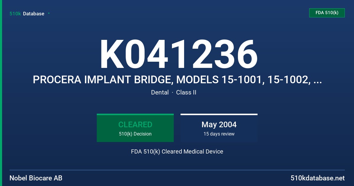 K041236 PROCERA IMPLANT BRIDGE, MODELS 15-1001, 15-1002, 15-1051, 15-1052 FDA 510(k) Cleared Medical Device